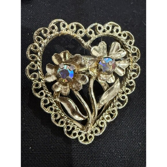 Lot of 3 Heart Brooch Pins – Vintage Style Gold & Silver Tone Rhinestone Red - Picture 7 of 11